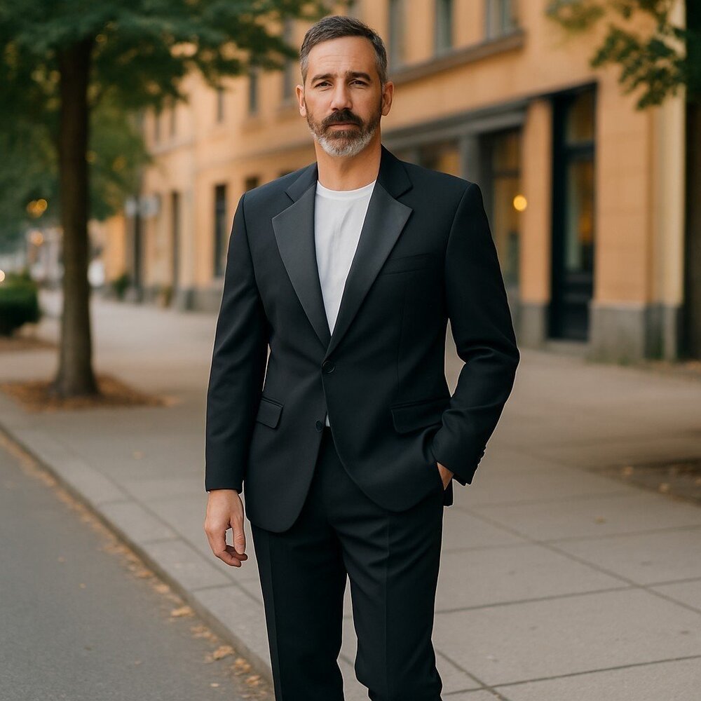 FWI Black Tuxedo Blazer Jacket Men’s 44R Approx | Satin Lapel | Formalwear